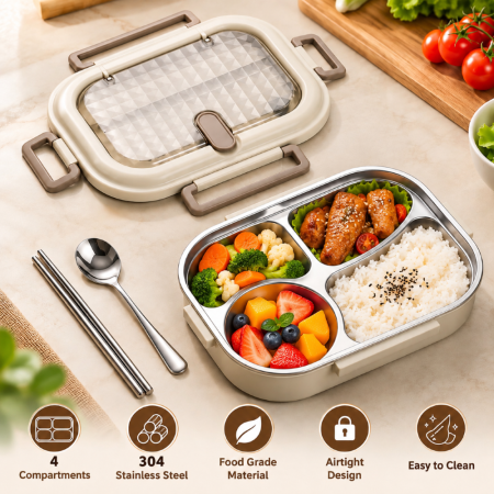 4-Compartment Stainless Steel Premium Lunch Box